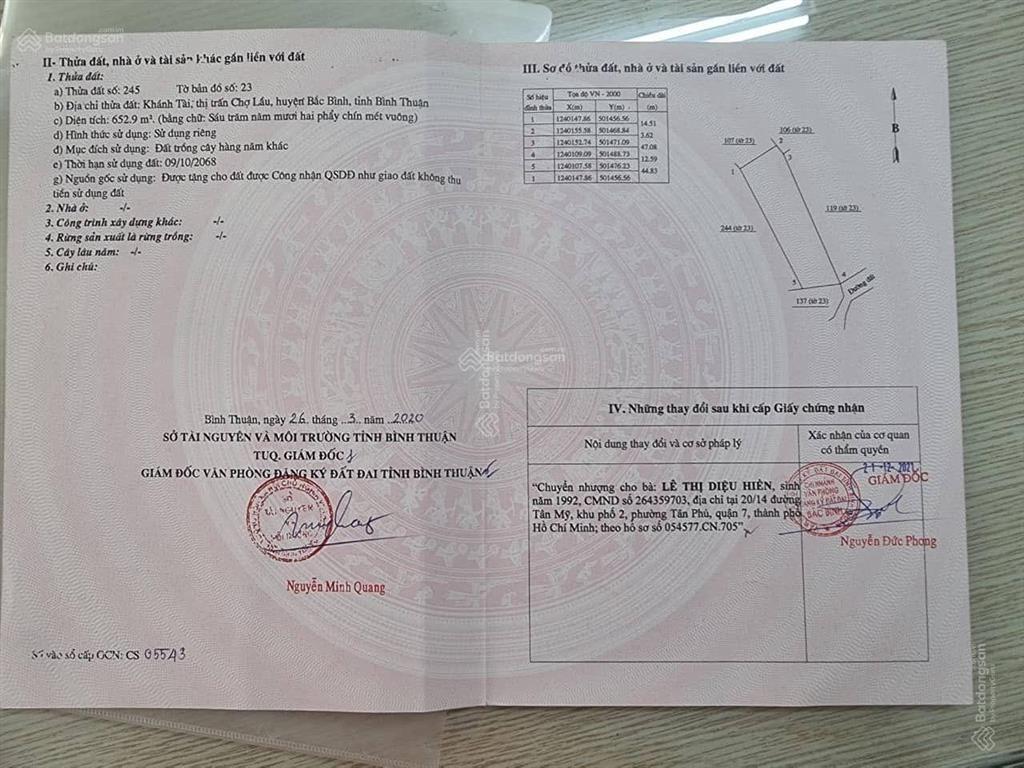 Chính chủ cần bán gấp 652,9 m2 đất vườn ngay thị trấn chợ lầu bắc bình giá 350tr cả lô