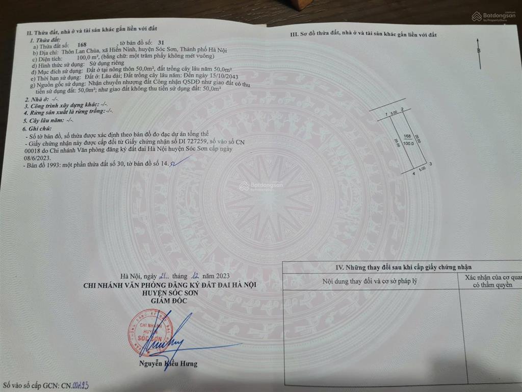 Chính chủ bán lô đất 100m nằm sát khu đấu giá tân trung chùa hiền ninh  sóc sơn (26tr/m)