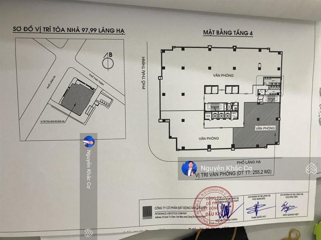 Chính chủ cần bán sàn văn phòng diện tích 250m2 tòa petrowaco 97  99 láng hạ