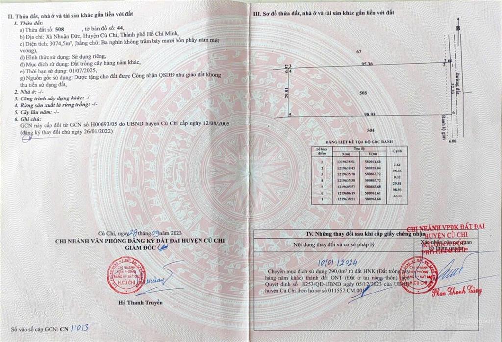 Chính chủ cần bán nhanh lô đất thuộc khu dân cư xã nhuận đức, huyện củ chi, diện tích 3074m2