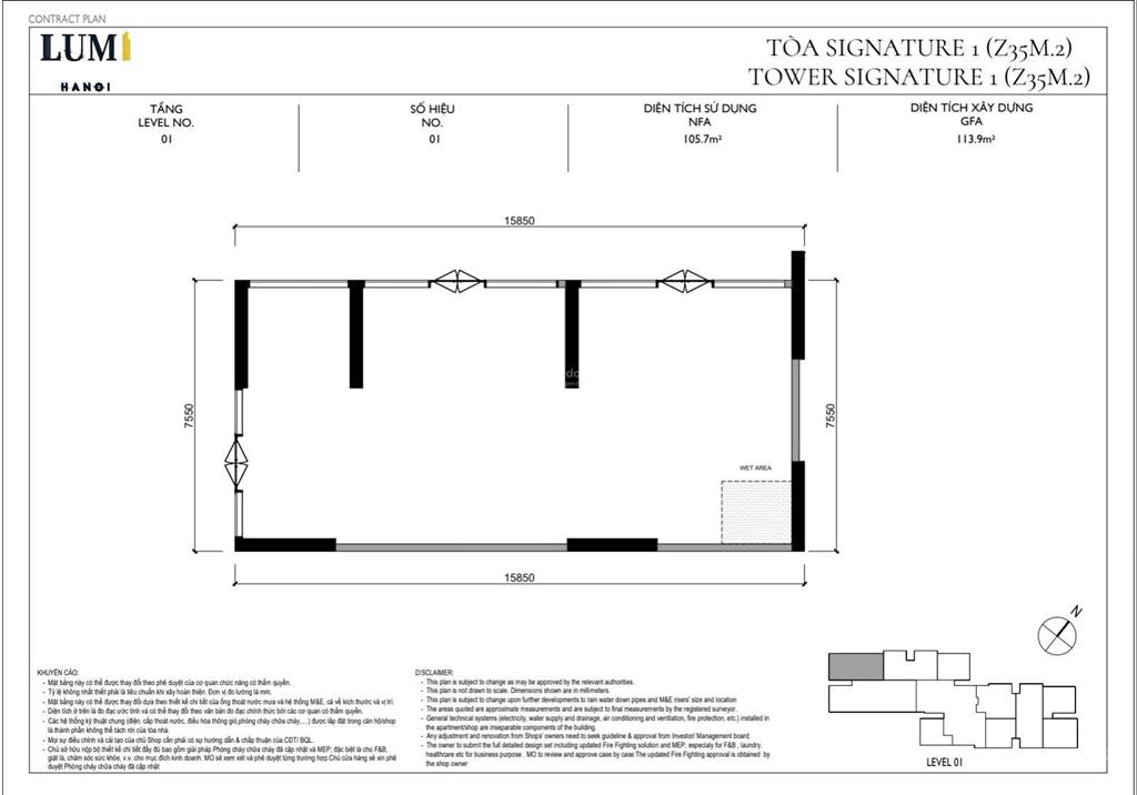 Chính chủ bán căn shop s1.01 đẹp nhất lumi hanoi, dt 105,7m2, mặt tiền 15,85m.  0926 397 ***