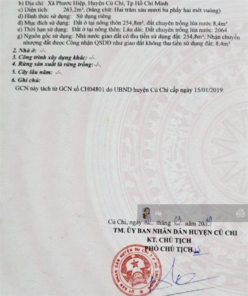 Chốt nhanh! 800tr/ 263m2 đất có thổ cư mặt tiền cao thị bèo, 300m ra ql22, phước hiệp, củ chi