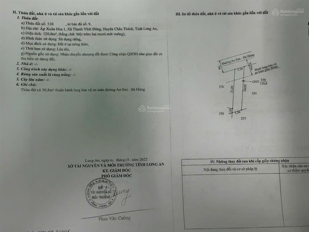 Bán lô đất 120m2 full thổ  tt thanh vĩnh đông  đường nhựa ao sen bà hùng 6m  giá sốc 1.18 tỷ