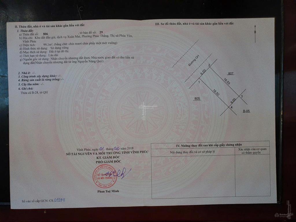 Bán 6m mặt tiền x 16,5m dài, cn 99m2 đất đấu giá xuân mai giữa kim hoa và cty honda phúc yên 4,4 tỷ