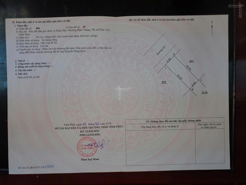 Bán 6m mặt tiền x 16,5m dài, cn 99m2 đất đấu giá xuân mai giữa kim hoa và cty honda phúc yên 4,4 tỷ