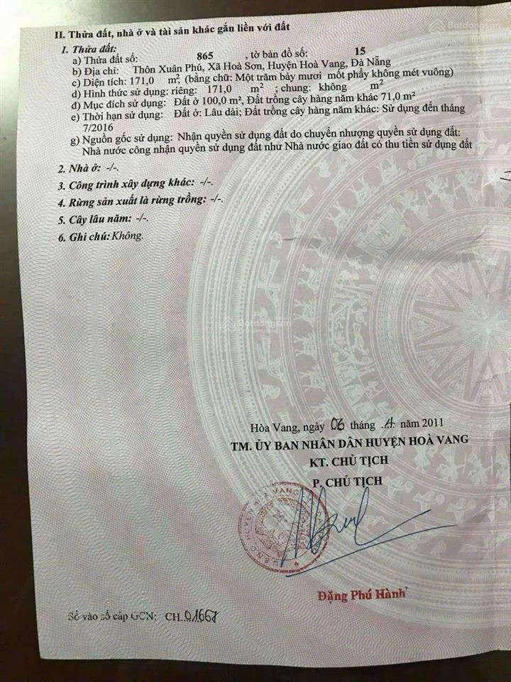 Chủ gửi bán lô đất đẹp giá rẻ tại thôn xuân phu  xã hòa sơn hòa vang đà nẵng dt 170m2 giá 1,35 tỷ