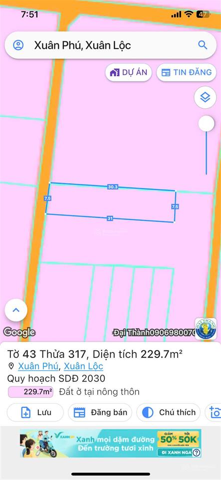 Đất thổ cư xuân phú ngang mặt tiền 7.5m, gần quốc lộ 1a, xây nhà đẹp