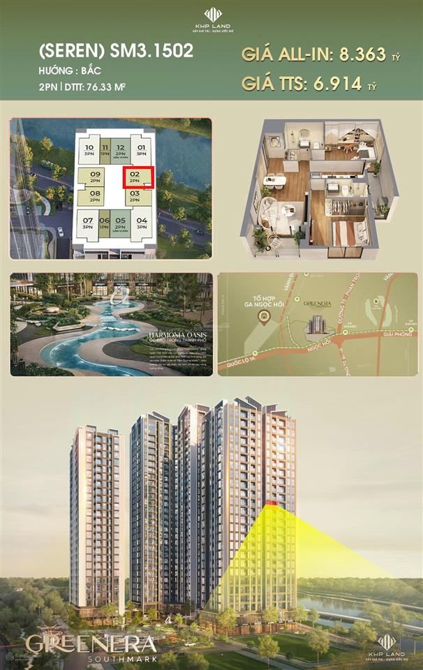Nhận chiết khấu 17% (gtch), căn hộ 2 phòng ngủ view sông tầng đẹp dự án greenera southmarlk