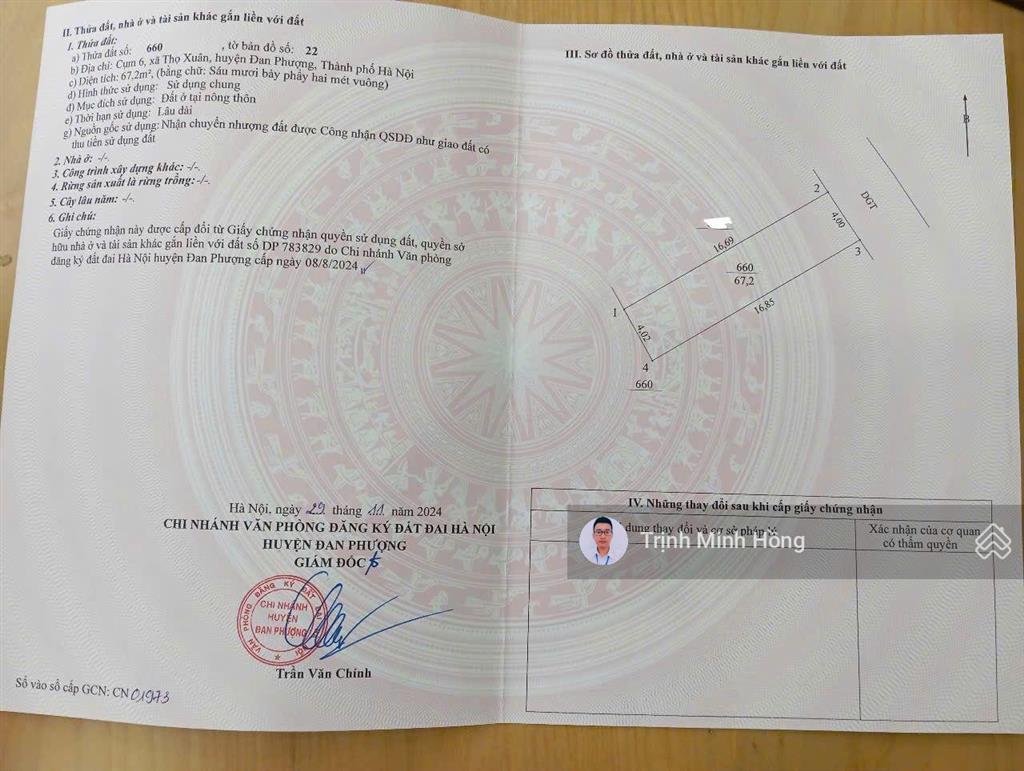 Bán 67.2m2 lô góc đất thổ cư thọ an, đan phượng. đường nhựa ô tô đỗ cửa. ô góc 2 mặt thoáng. sđcc