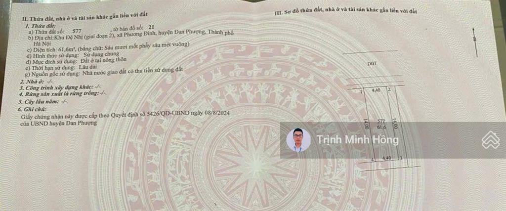 Hàng hiếm 61.6m2 mặt tiền 4.4m 3 mặt thoáng. đất đấu giá đệ nhị, xã phương đình, đan phượng. sđcc