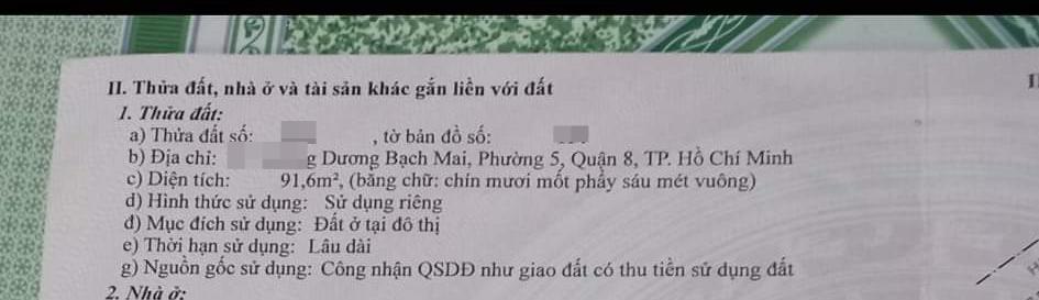Bán nhà dt như sổ =91.6m2, hxh dương bạch mai, p. 5 q8, gần ubnd, nhỉnh 4 tỷ, chủ bán về quê ở