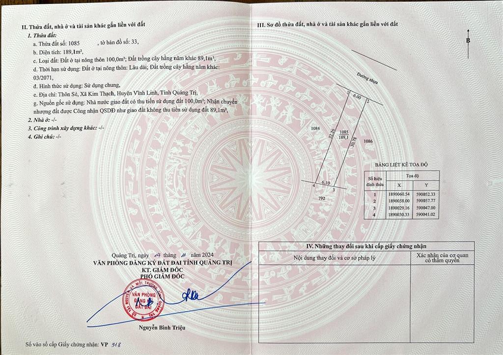 Bán đất thôn sè, xã kim thạch vĩnh linh, quảng trị 189,1m chỉ 650 triệu, có tl