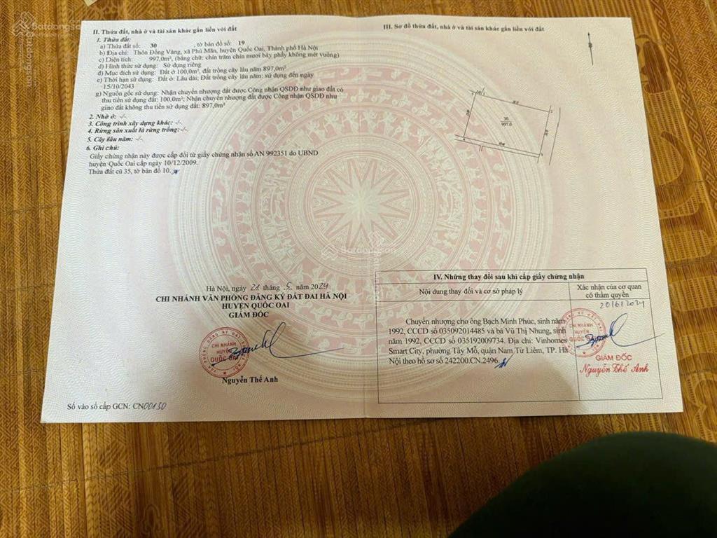 Bán đất tại xã phú cát, quốc oai, hà nội, 9 triệu/m2, 997 m2 có 100m2 thổ cư