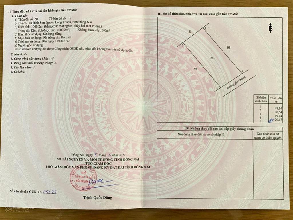 Bán đất mt cầu mên xã bình sơn long thành 1000.2m2, giá 8,7 tỷ