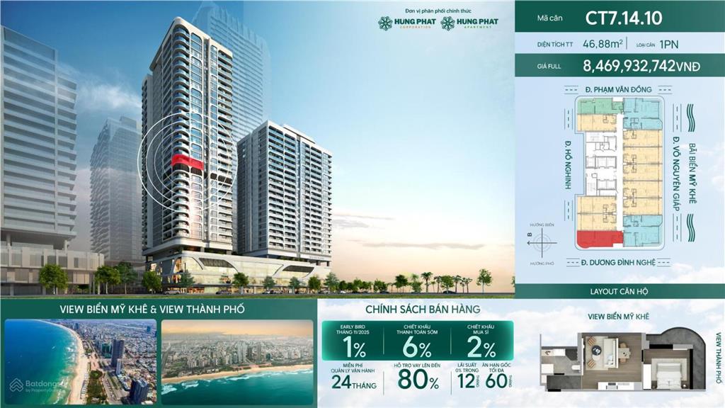 Độc quyền căn góc 1pn view trọn vẹn sông hàn  biển mỹ khê, tầng cao, hỗ trợ vay 80%