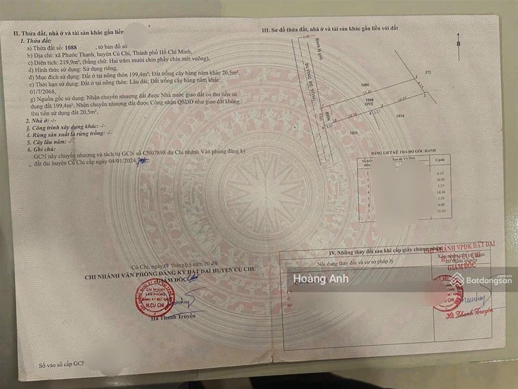 Cần bán lô đất 219m2 giá 800 triệu đường nguyễn thị tấm, phước thạnh, củ chi