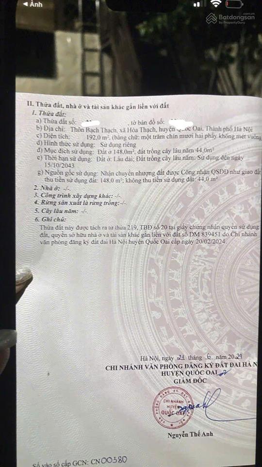 Hót hiếm, dt 192m2 (đất ở 148m2) mặt tiền 9m sâu 21,33m giá 3,4tỷ đất tại hòa thạch quốc oai hà nội