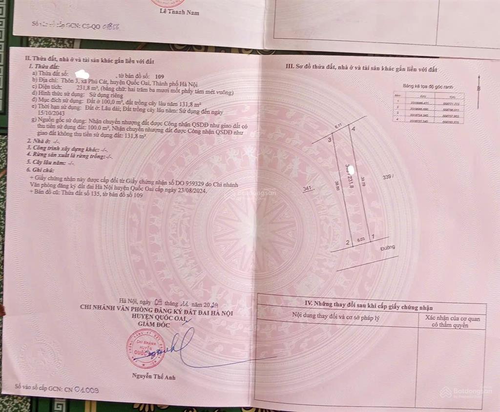 Đất thổ cư đẹp giá tốt đường oto tránh thôn 3 phú cát hn 231,8 m tc100 m mặt tiền 6,11 m giá 4,4tỷ