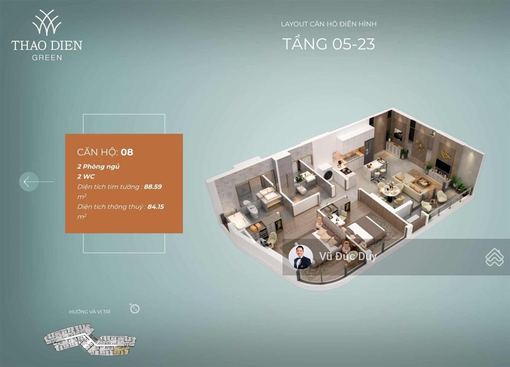 Bán 2pn thảo điền green, căn góc, vòng cung, view sông, ban công rộng, tầng cao, full nội thất