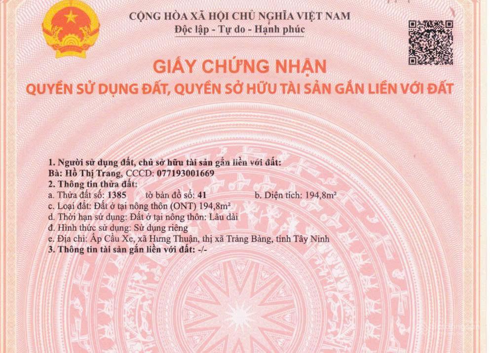 Chính chủ bán đất tại 195m2 thổ cư, có shr, ngay dt 787, hưng thuận, trảng bàng, chỉ 560 triệu