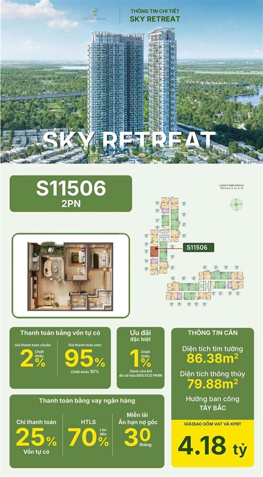 Căn hộ eco retreat 86m2 2pn 2wc, tầng đẹp, giá tốt, view sông bến lức, bàn giao nội thất cao cấp