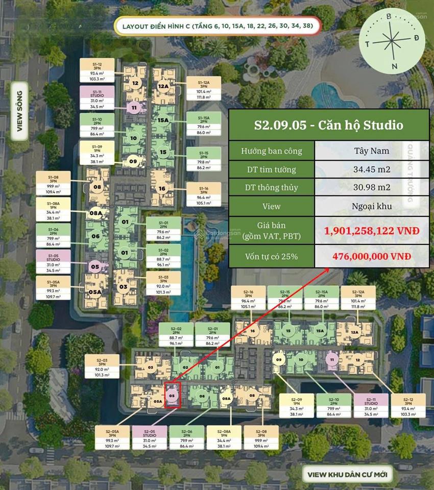 Bán studio toà s2 34.5m2 tổng giá 1.9 tỉ , view cao tốc, tầng đẹp , bàn giao nội thất cao cấp