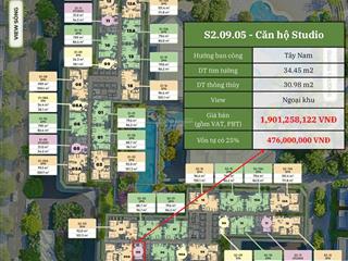 Bán studio toà s2 34.5m2 tổng giá 1.9 tỉ , view cao tốc, tầng đẹp , bàn giao nội thất cao cấp