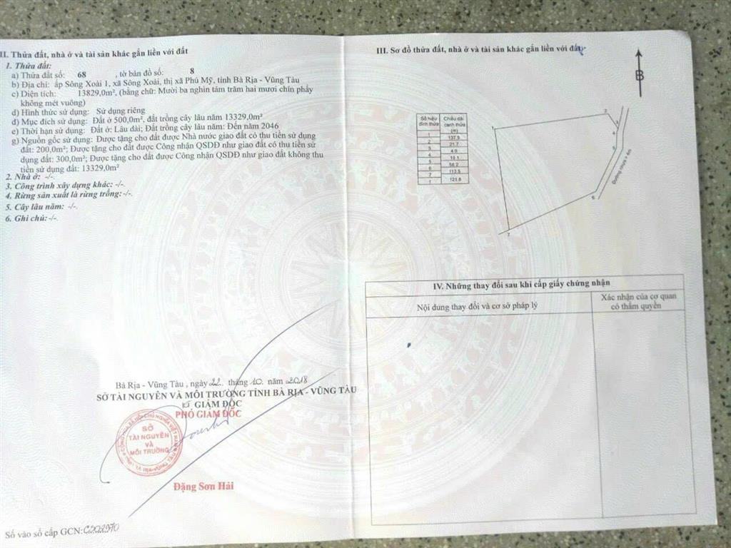 Cần bán lô đất đẹp hơn 1.3ha sông xoài, tp. phú mỹ có 500m2 thổ cư