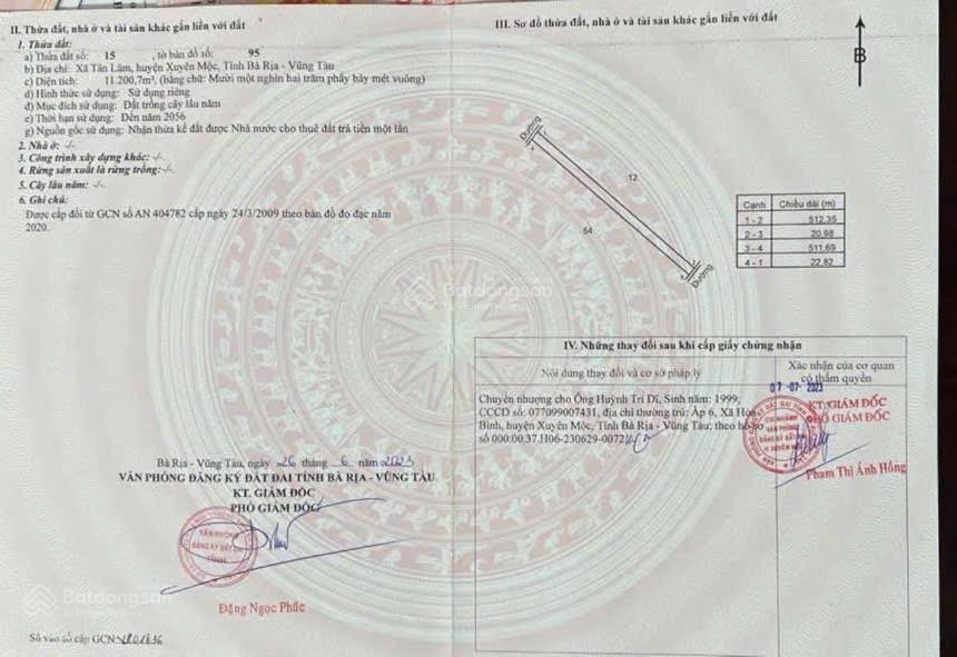 Chuyển nhượng 2,2 ha đất cln tân lâm, xuyên mộc, brvt cũ nay là tphcm