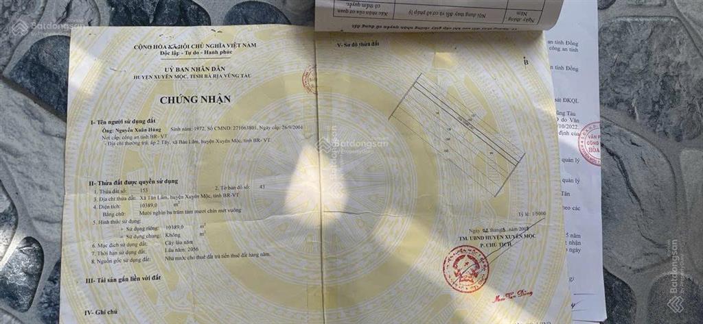 Chuyển nhượng 2,2 ha đất cln tân lâm, xuyên mộc, brvt cũ nay là tphcm