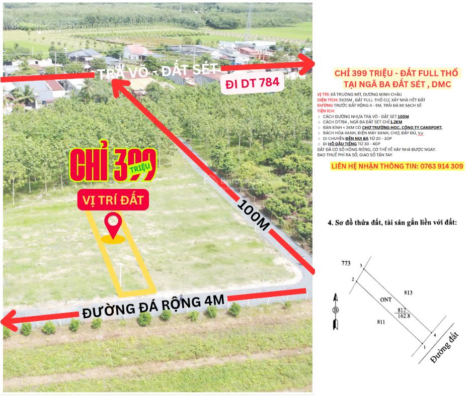 Bán gấp đất nền 175m2 (5x35) xã truông mít, dương minh châu, full thổ, sổ sẵn, giá 399 triệu