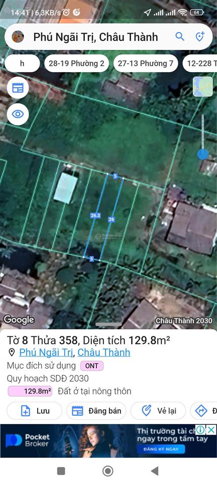 Đất thổ cư, shr, phú ngã trị, châu thành, long an. dt 5x26, giá 230tr