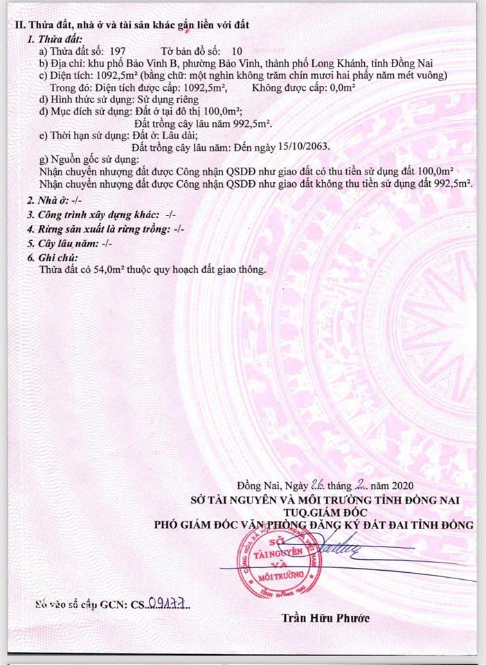 Bán đất 1092m2 sát bên tái định cư p. bảo vinh, cách chợ long khánh 800m, có 100m2 thổ cư