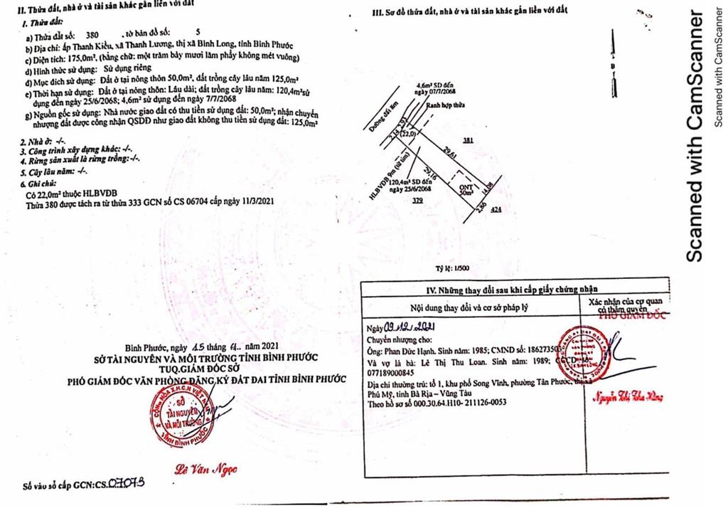 Qsdđ thửa đất số 380, tbđ 5, ấp thanh kiều, xã thanh lương, thị xã bình long, tỉnh bình phước