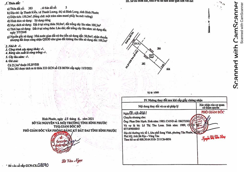 Qsdđ thửa đất số 383, tbđ 5, ấp thanh kiều, xã thanh lương, thị xã bình long, tỉnh bình phước
