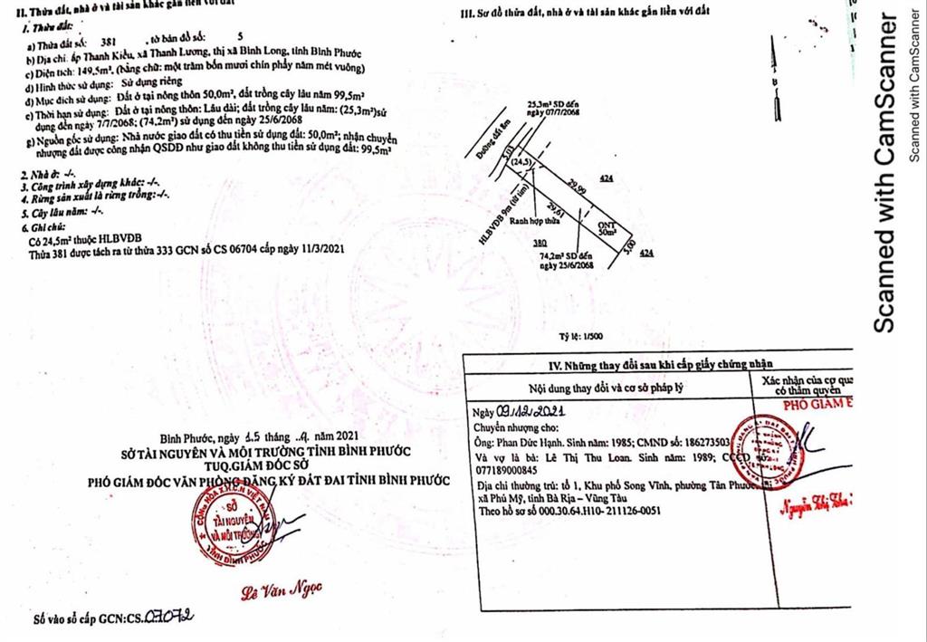 Qsdđ thửa đất số 381, tbđ 5, ấp thanh kiều, xã thanh lương, thị xã bình long, tỉnh bình phước