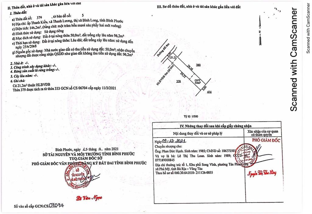 Qsdđ thửa đất số 379, tbđ 5, ấp thanh kiều, xã thanh lương, thị xã bình long, tỉnh bình phước