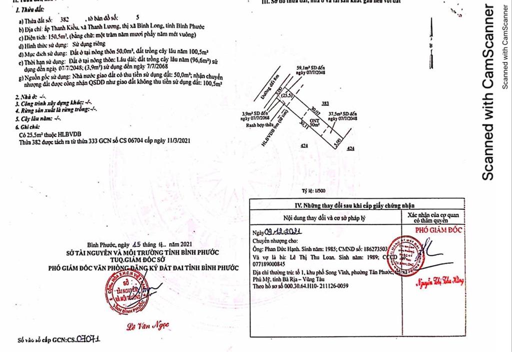 Qsdđ thửa đất số 382, tbđ 5, ấp thanh kiều, xã thanh lương, thị xã bình long, tỉnh bình phước