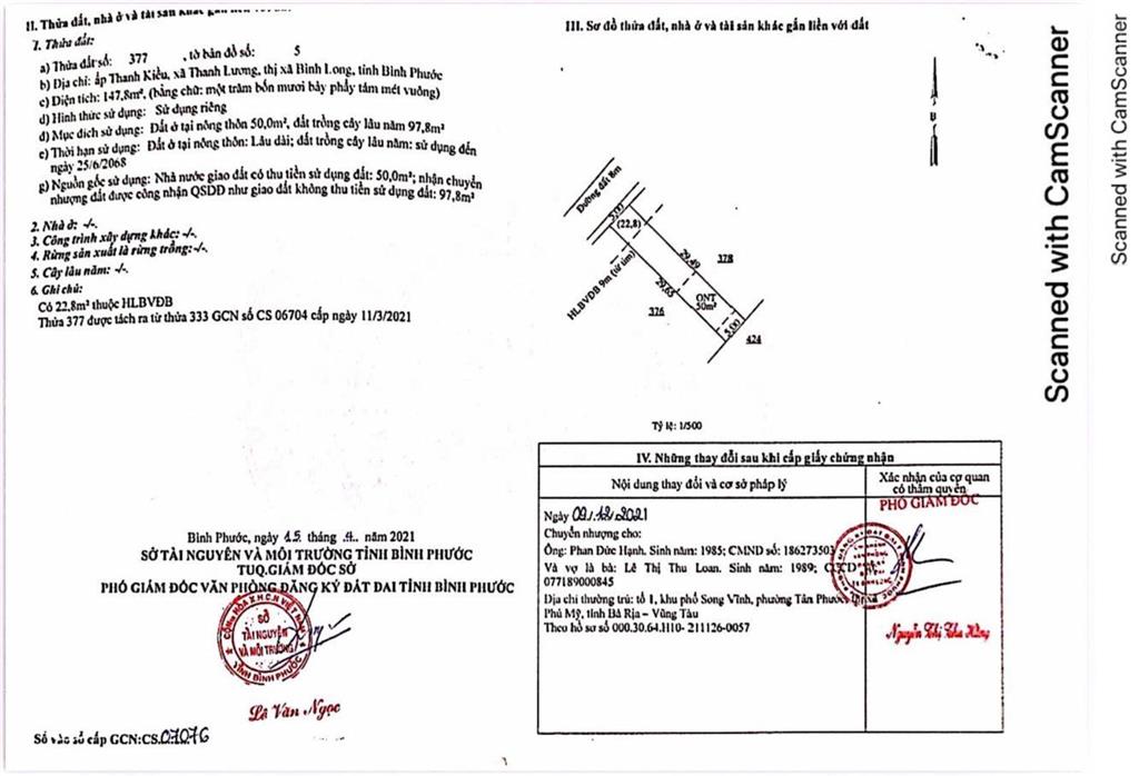 Qsdđ thửa đất số 377, tbđ 5, ấp thanh kiều, xã thanh lương, thị xã bình long, tỉnh bình phước