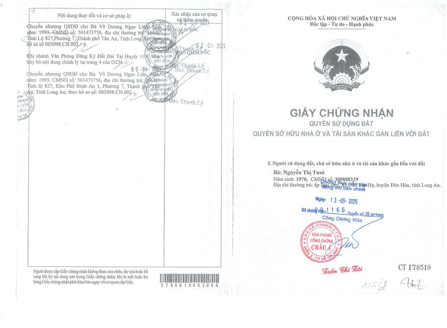 Qsdđ thửa đất số 196, tbđ 34, địa chỉ ấp đức hạnh 1, xã đức lập hạ, huyện đức hòa, tỉnh long an