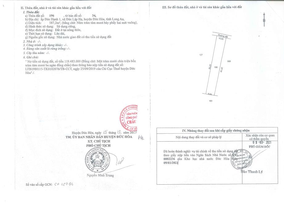 Qsdđ thửa đất số 196, tbđ 34, địa chỉ ấp đức hạnh 1, xã đức lập hạ, huyện đức hòa, tỉnh long an