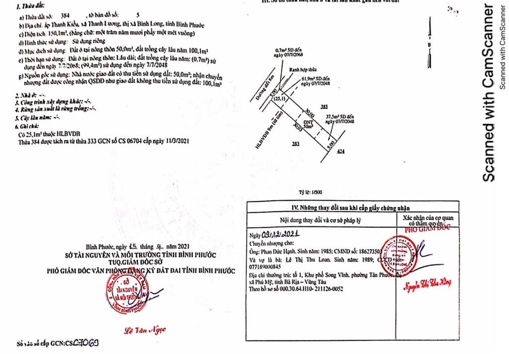 Qsdđ thửa đất số 384, tbđ 5, ấp thanh kiều, xã thanh lương, thị xã bình long, tỉnh bình phước
