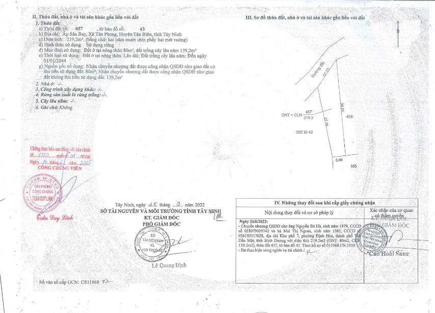 Qsdđ thửa đất số 457, tbđ 43, ấp sân bay, xã tân phong, huyện tân biên, tỉnh tây ninh
