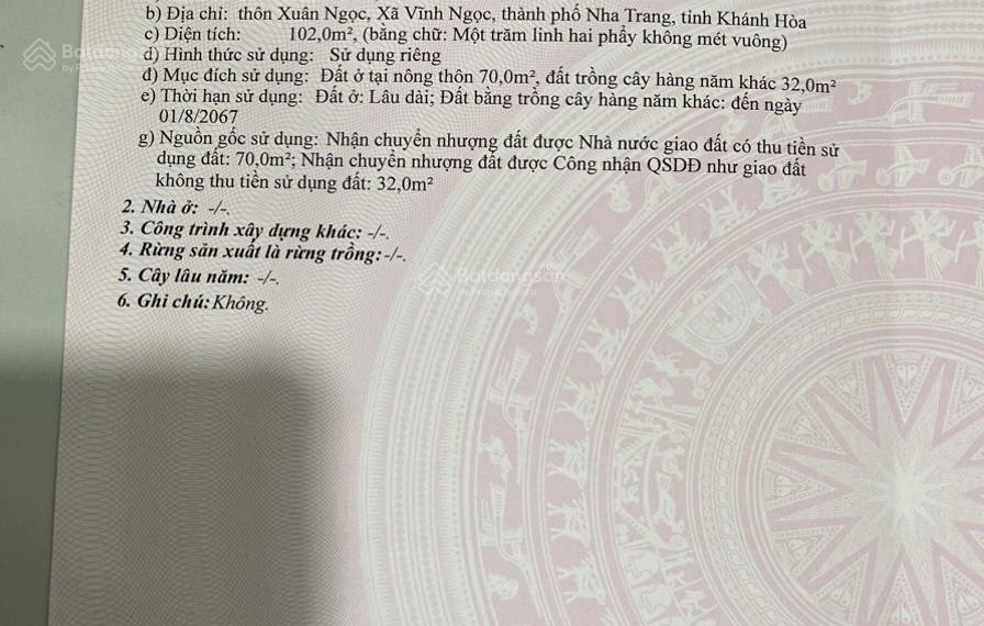 Bán đất hòn thơm  xuân ngọc  vĩnh ngọc  nha trang 102m2 ngang 5m giá 2tỷ