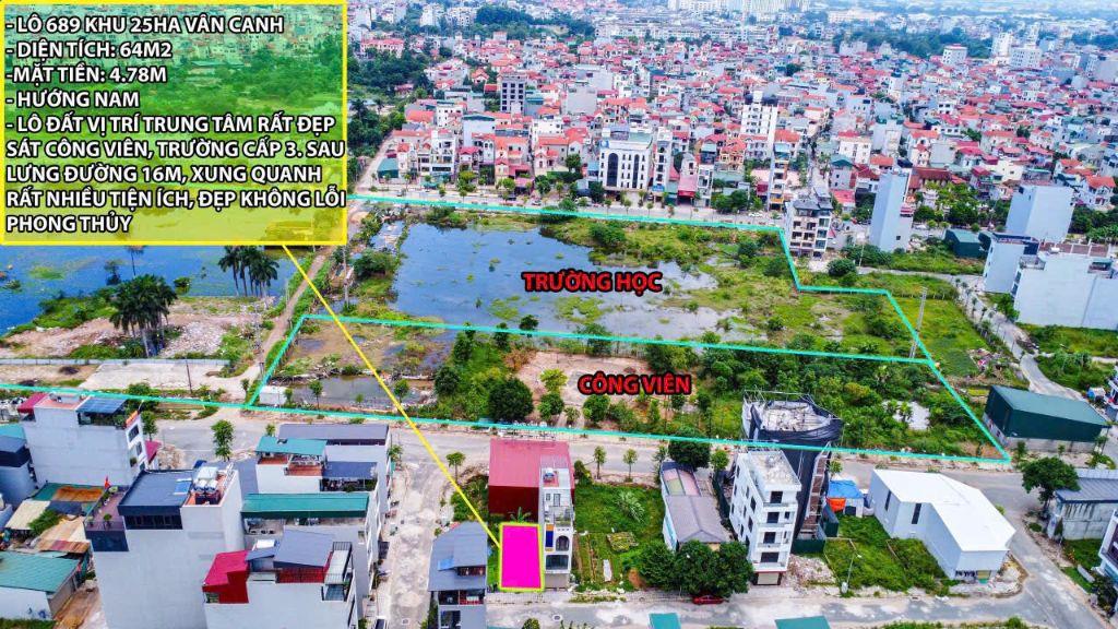 Bán Đất Vân Canh - Hoài Đức, 64m². Mặt tiền 4.78m nở hậu. Đường 11m có vỉa hè tiện k/doanh
