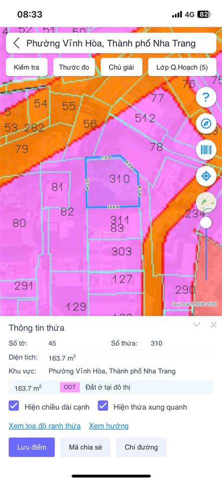 Lô đất ngang 8,6m2 (dt 163m2)  giá 7,5tỷ  cách biển 400  vĩnh hoà  nha trang