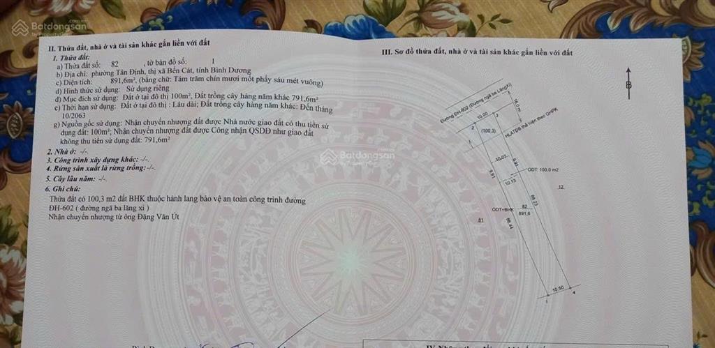 Cần tiền bán lỗ  gần 1000m2  mặt tiền ngã ba lăn xi (dh605)  p. tân định bến cát.