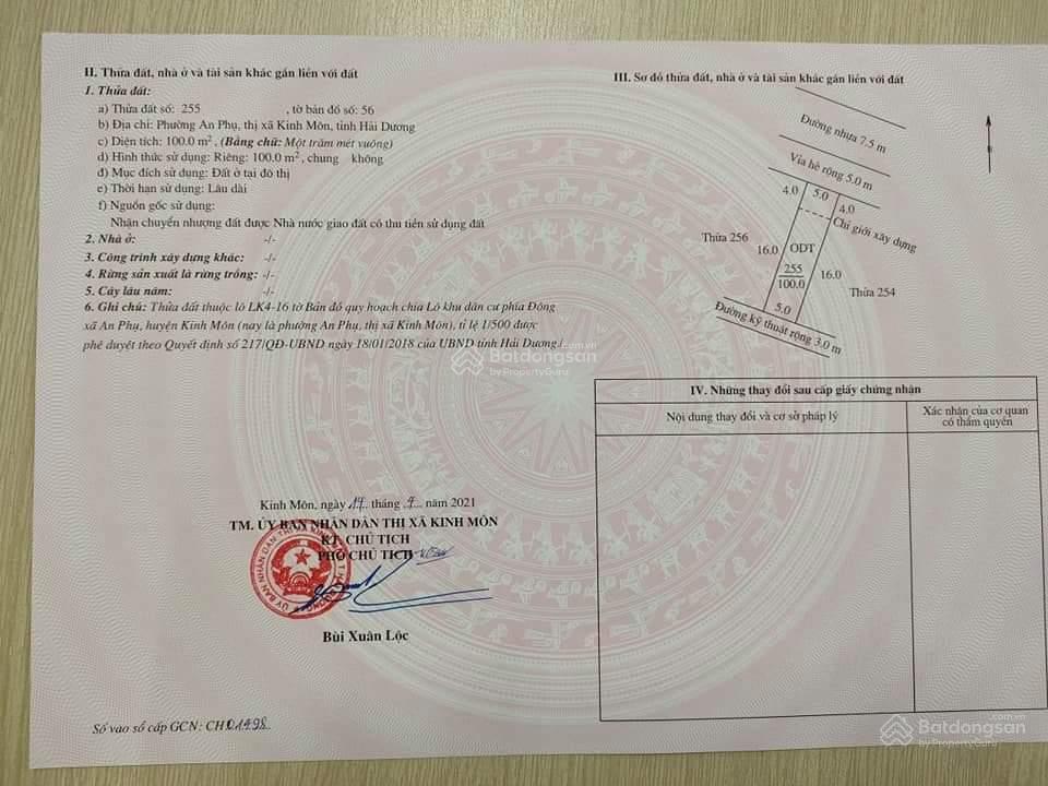 Bán đất đẹp 22 triệu/m2 khu đt đông an phụ, cổ tân, p. an phụ, tx kinh môn, hải dương