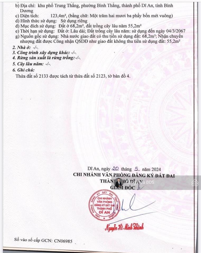 Nền đất gần chợ bình thung cách tuyến metro chỉ 10p. dt 123.4m2 (4.5x 27m)đường 6m giá 3.75 tỷ tl