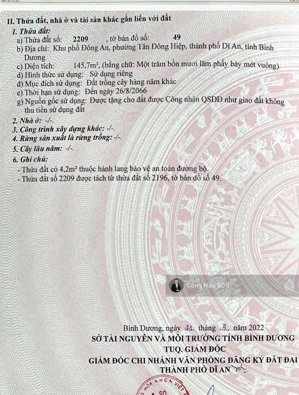 Bán đất mt trần thị xanh gần bv tp. dĩ an. dt 145.7m2 (5x29m). odt 100m2 đường 7m. giá 5.05 tỷ
